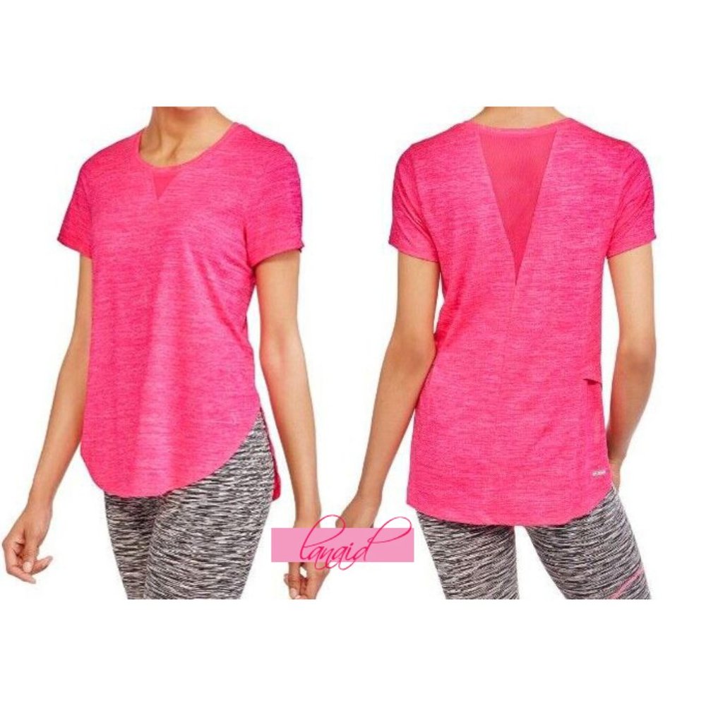 Danskin Dri More Tee Neon Bright Fuchsia Hot Pink Mesh Cut-Outs Cutouts Shirt S